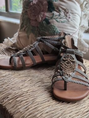 Braided Olive Beaded Gladiator Sandals for Women